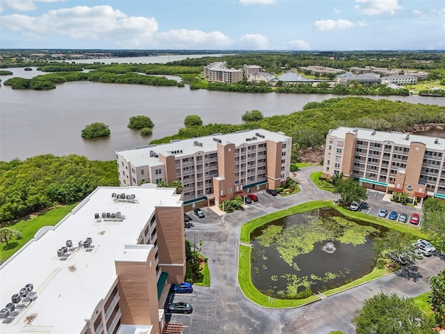 bird's eye view with a water view