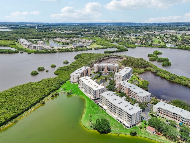 drone / aerial view with a water view