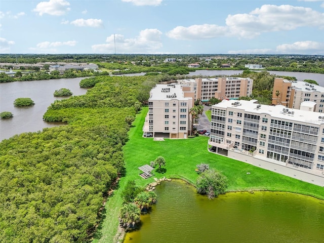 bird's eye view with a water view