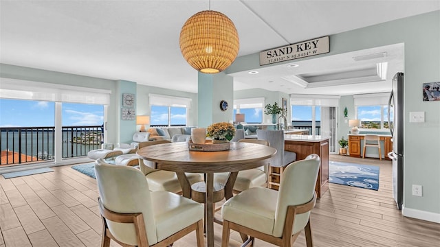 dining space featuring a raised ceiling and plenty of natural light