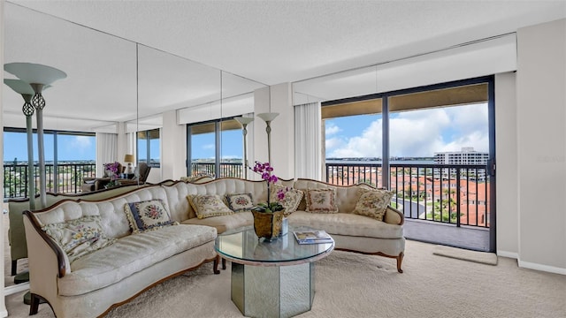 carpeted living room with a textured ceiling