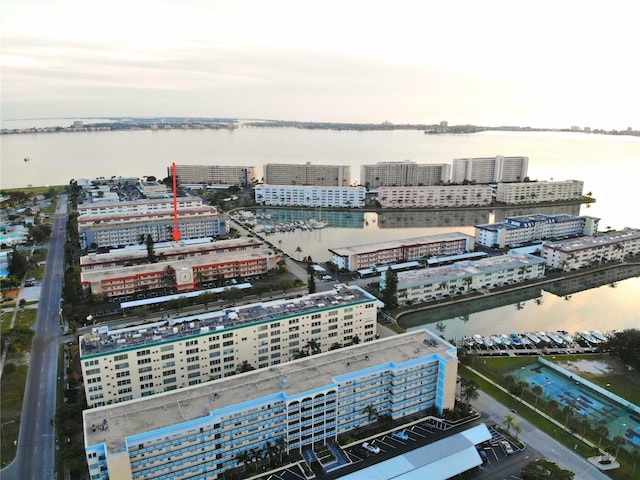 aerial view featuring a water view and a view of city