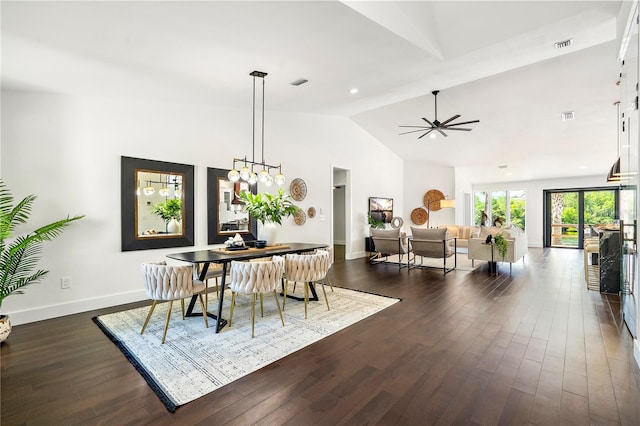 dining room with ceiling fan, high vaulted ceiling, and dark hardwood / wood-style flooring