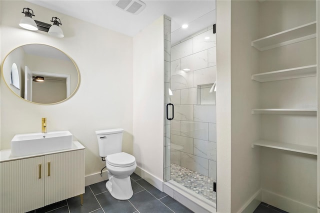 bathroom with vanity, toilet, tile patterned floors, and an enclosed shower