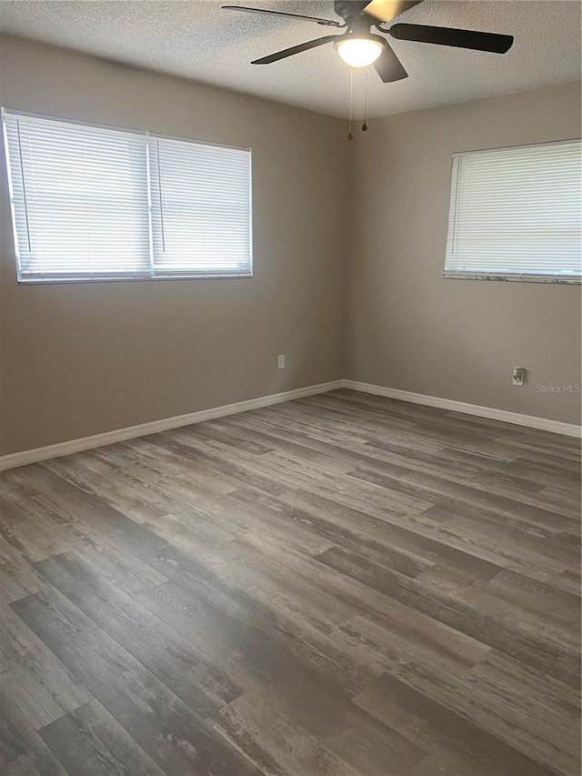 empty room with a wealth of natural light, dark hardwood / wood-style floors, and a textured ceiling