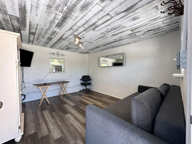 interior space with dark hardwood / wood-style floors, cooling unit, and wooden ceiling