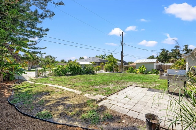 view of yard with a patio area and a shed