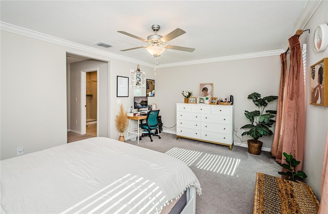 bedroom featuring carpet, ceiling fan, and ornamental molding