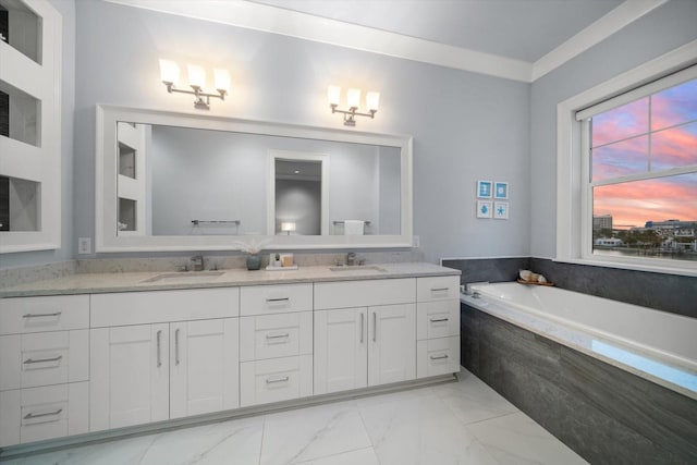 bathroom featuring dual vanity, tile patterned flooring, crown molding, and a relaxing tiled tub