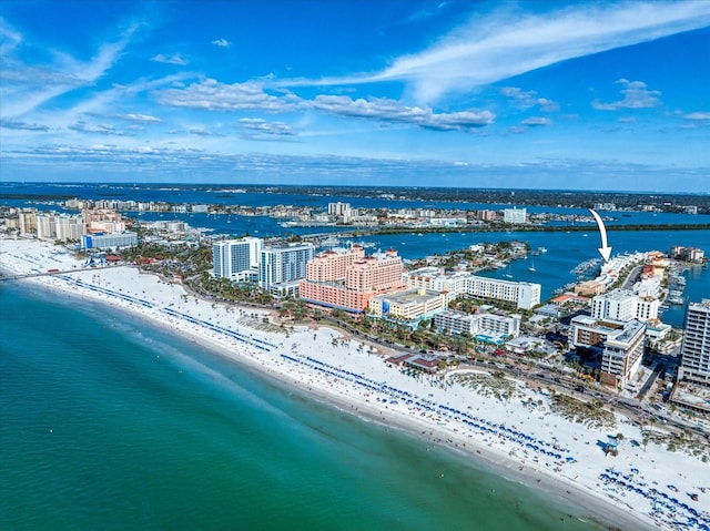 drone / aerial view with a view of the beach and a water view