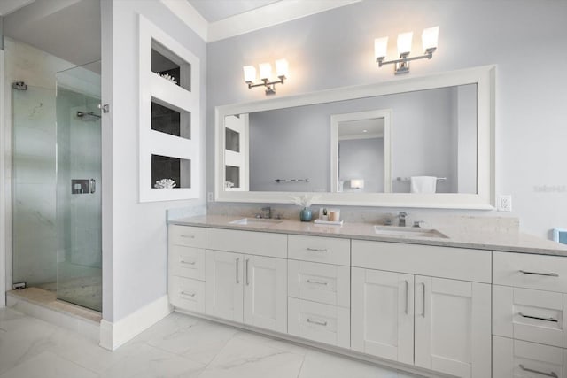 bathroom with walk in shower, tile patterned flooring, built in shelves, and dual bowl vanity