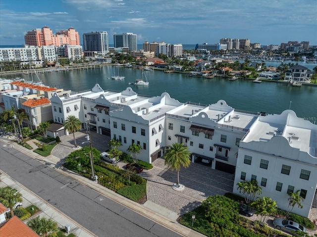 drone / aerial view with a water view