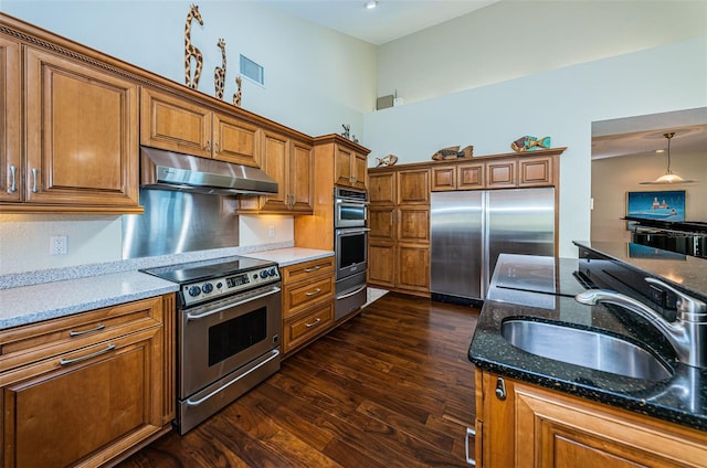 kitchen featuring stone counters, sink, dark hardwood / wood-style floors, and premium appliances