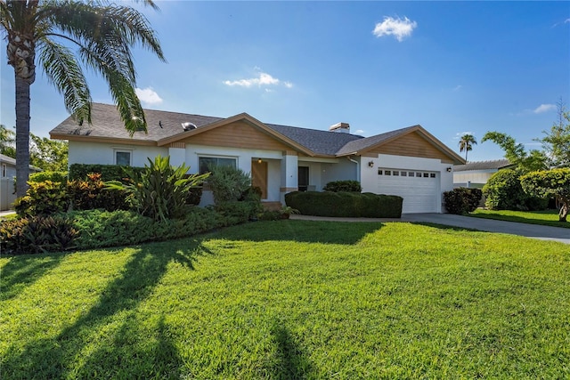 ranch-style home with a garage and a front yard