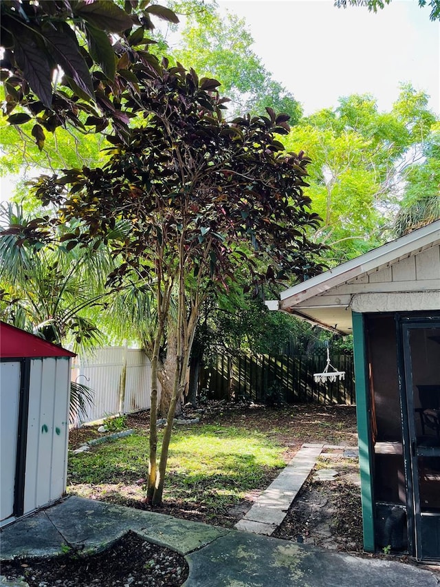 view of yard featuring a storage shed