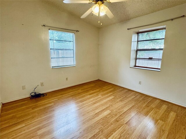 empty room with plenty of natural light, light hardwood / wood-style flooring, and a textured ceiling