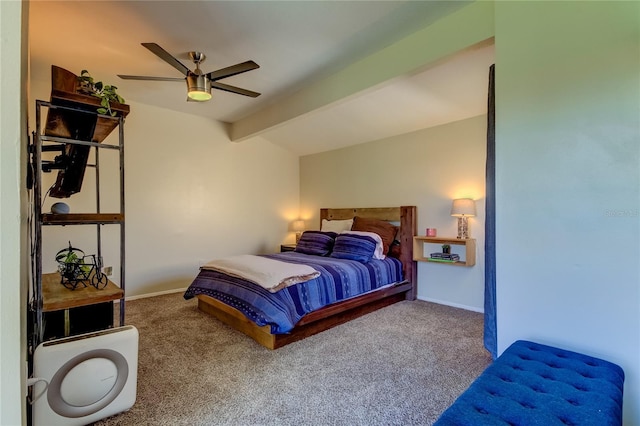 carpeted bedroom featuring ceiling fan and lofted ceiling with beams