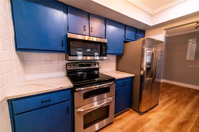 kitchen with appliances with stainless steel finishes, backsplash, blue cabinets, and ornamental molding