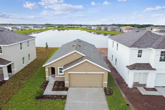 exterior space with a water view