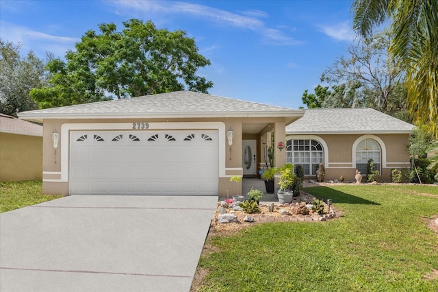 ranch-style home with a garage and a front yard