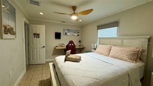 bedroom featuring light tile patterned floors, ceiling fan, and ornamental molding