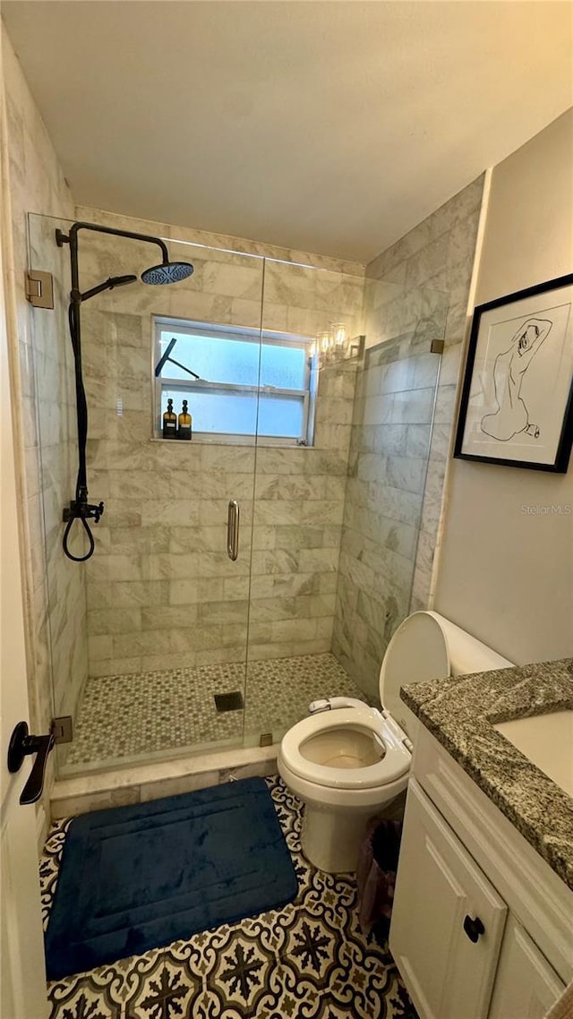 bathroom featuring toilet, vanity, and a shower with door