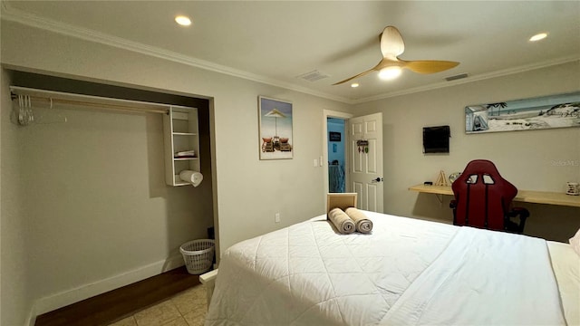 bedroom with ceiling fan and ornamental molding