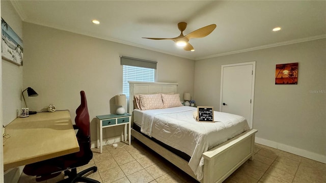 bedroom with light tile patterned flooring, ceiling fan, and crown molding