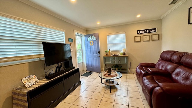 tiled living room featuring crown molding