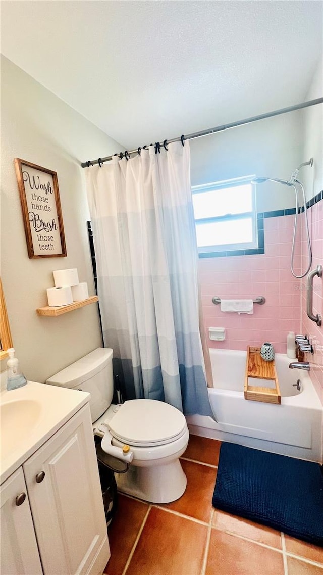 full bathroom with shower / bath combination with curtain, vanity, toilet, and tile patterned floors