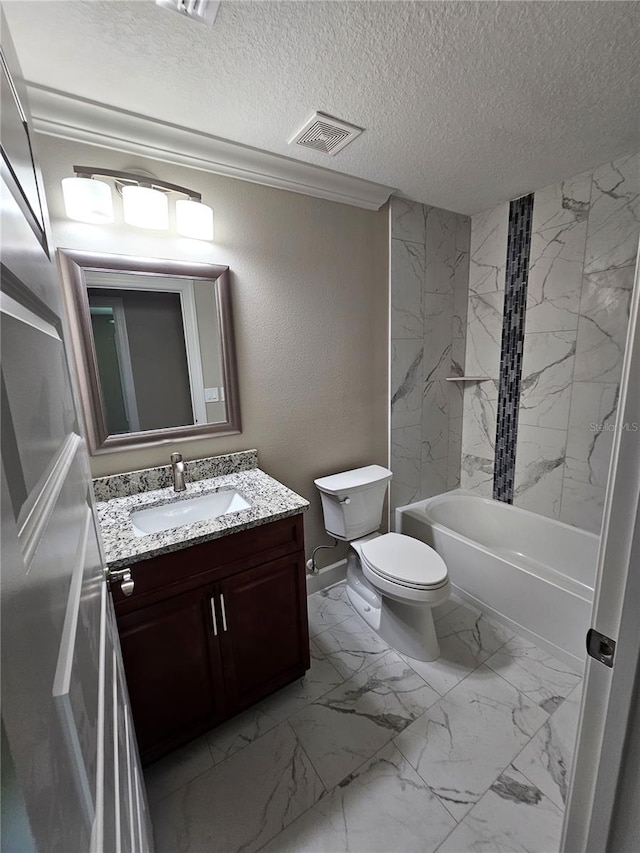 bathroom featuring a textured ceiling, toilet, visible vents, vanity, and marble finish floor