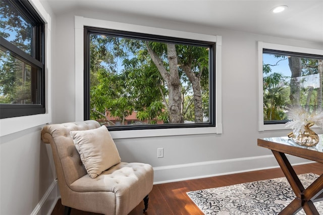 living area with plenty of natural light and dark hardwood / wood-style floors