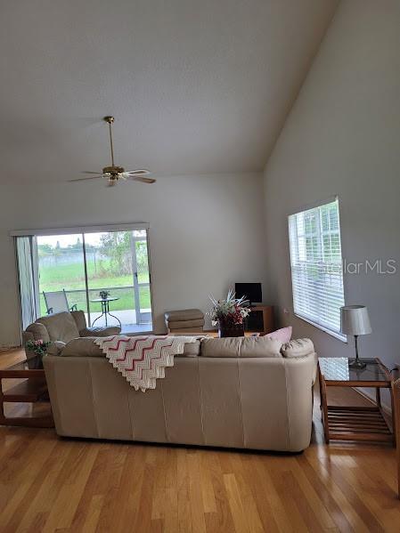 living room featuring ceiling fan, high vaulted ceiling, and light hardwood / wood-style flooring