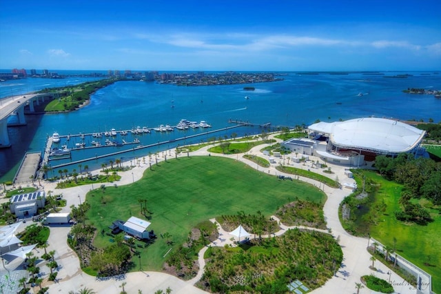 bird's eye view with a water view