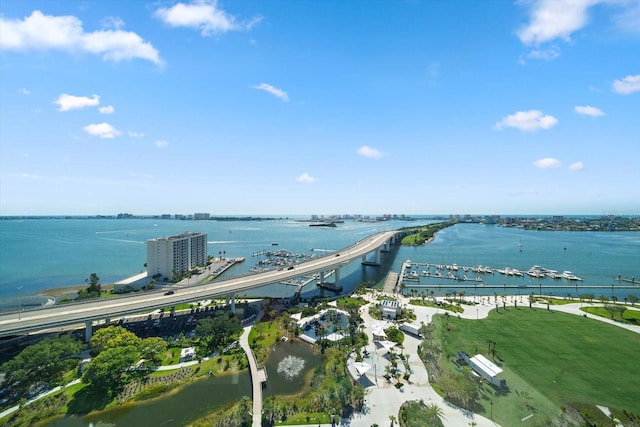 birds eye view of property featuring a water view