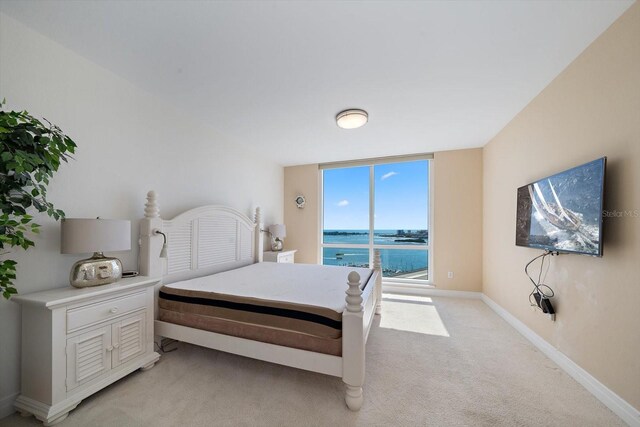 carpeted bedroom featuring a water view