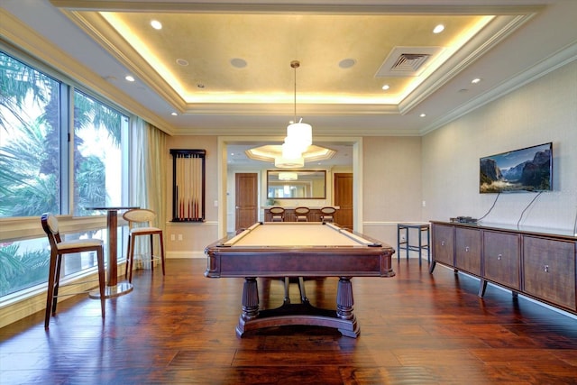 recreation room with pool table, a raised ceiling, and dark wood-type flooring