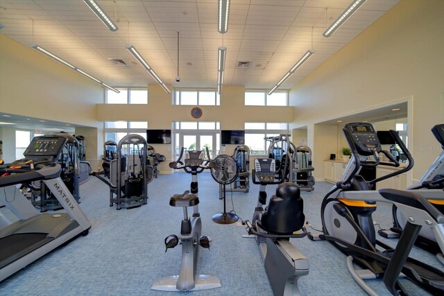 gym featuring carpet floors, a wealth of natural light, and a towering ceiling