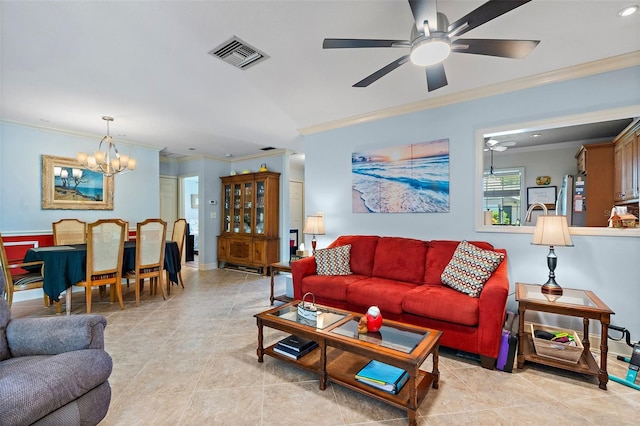 living room with ceiling fan with notable chandelier and ornamental molding