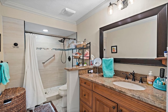 bathroom featuring curtained shower, a textured ceiling, toilet, vanity, and ornamental molding