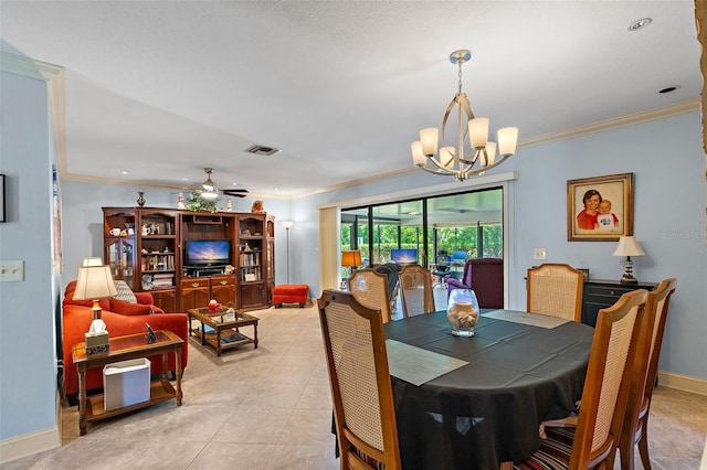 dining space featuring light tile patterned floors, ceiling fan with notable chandelier, and ornamental molding