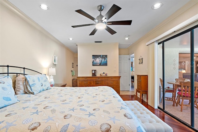 bedroom featuring ceiling fan, dark hardwood / wood-style flooring, ornamental molding, and access to outside