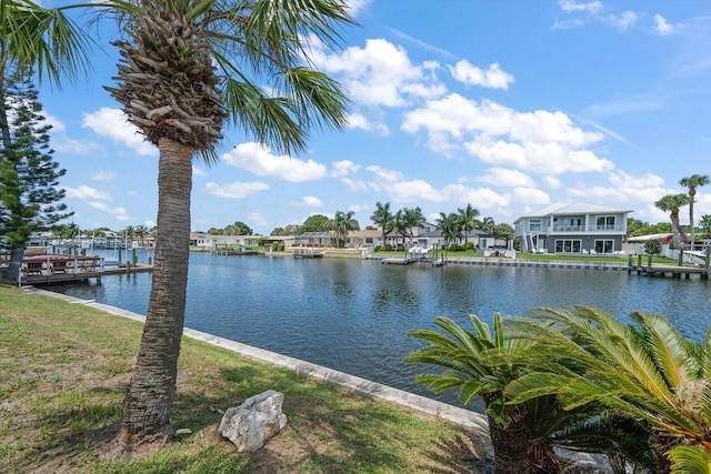 view of water feature with a dock