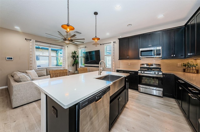 kitchen with decorative backsplash, appliances with stainless steel finishes, light wood-type flooring, sink, and a center island with sink