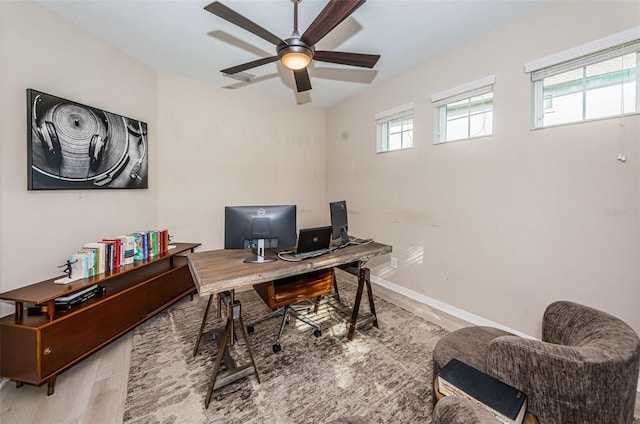 home office with ceiling fan and wood-type flooring