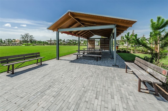 view of home's community with a yard and a patio