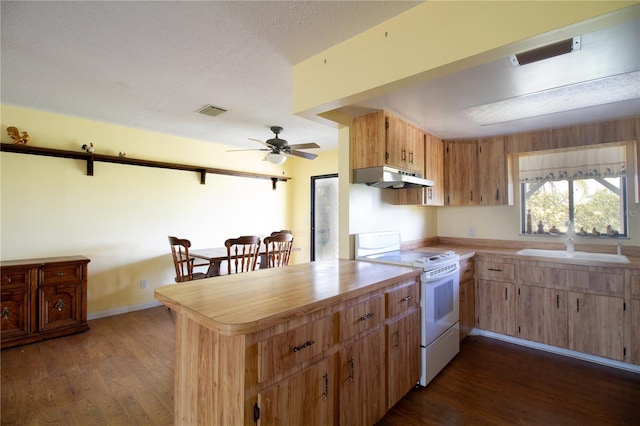 kitchen featuring dark wood-type flooring, sink, ceiling fan, kitchen peninsula, and white range with electric cooktop