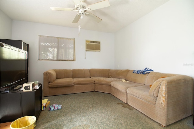 living room featuring ceiling fan, a wall mounted AC, and carpet