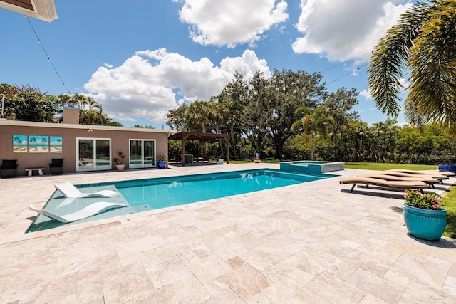 view of swimming pool featuring an in ground hot tub, a pergola, and a patio