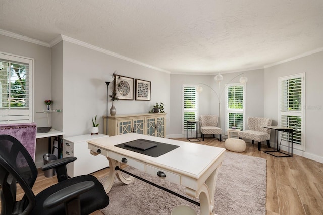 office area with crown molding, plenty of natural light, light hardwood / wood-style floors, and a textured ceiling